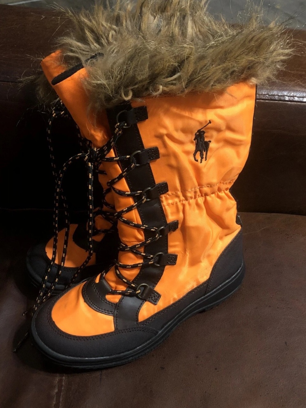 POLO Ralph Lauren Kid's Unisex Winter Fur Trim Snow Boots Size 1 Fleece Lined